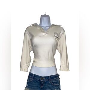 Y2k white 3/4 length sleeve top with collar and pocket detail